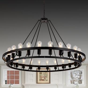 Imagem de Lustre de roda de vagão preto de 47,24 polegadas, luminária de roda de vagão de 24 luzes lustre preto extragrande, lustres externos para varanda lustres grandes redondos para tetos altos sala de estar