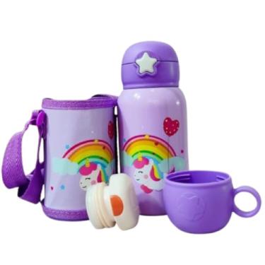 Imagem de Garrafa Térmica Infantil 500 ml Aço Inox Com Bolsa Canudo e Caneca Garrafinha Escolar Infantil (Lilas)