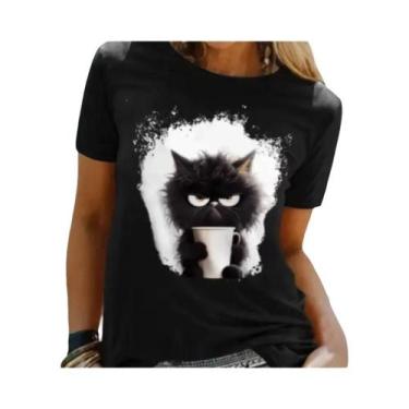 Imagem de Camiseta Feminina Com Estampa De Gato Preto, Manga Curta, Gola Redonda