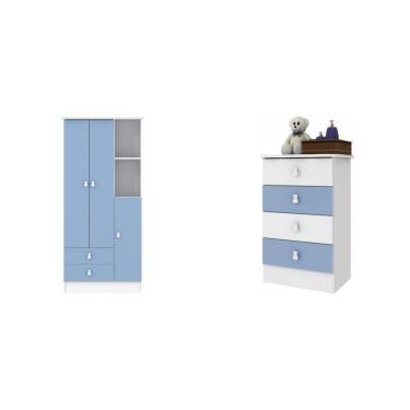 Imagem de Conjunto Quarto de Bebê com Guarda Roupa e Cômoda Kid Siena Móveis Azul/branco