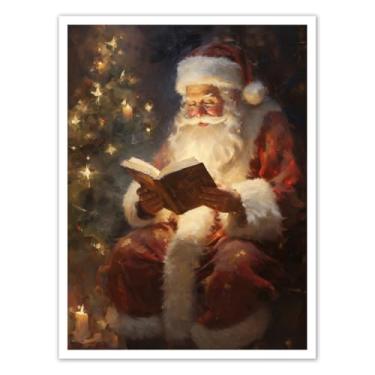 Imagem de Annual Ring Decoração de arte de parede em tela de Natal vintage Papai Noel leitura pela árvore de Natal decoração de parede de Natal emoldurado/pôster grande impressões de arte de Natal 30,5 x 40,6