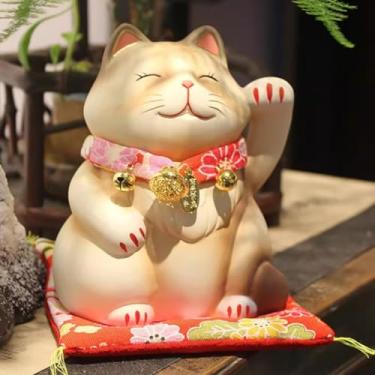 Imagem de FENNYYAR Mascote de estátua de gato marrom claro de cerâmica, 13,5 cm 13,5 cm, ornamento de gato da sorte para casa de mesa