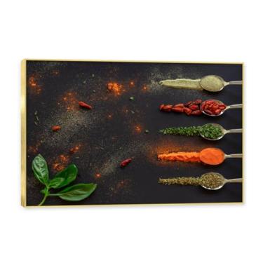Imagem de NHLDZYH Moldura dourada. Arte de parede em tela de especiarias coloridas e colher de tempero | Decoração de cozinha vintage | Arte moderna para casa e sala de jantar. C55. 30 x 45 cm-11,8 x 17,7 pol