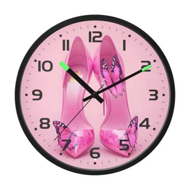 Imagem de SEHANY Relógio de parede de salto alto rosa moderno, silencioso, sem tique-taque, operado por bateria, controle de som, luz noturna, relógios de parede para sala de estar, cozinha, quarto, escritório