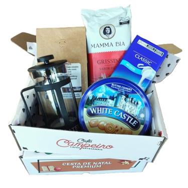 Imagem de Cesta de Natal Premium Café Campeiro - 1 Prensa Francesa + 1 Café Especial 100% Arábica + 1 Barra de Chocolate Suiço + 1 Lata de Biscoitos de Amateigados + 1 Pacote de Grissini