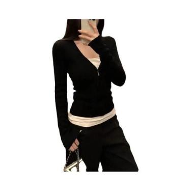 Imagem de Camiseta Feminina Slim Fit Com Decote Em V E Zíper, Manga Longa, Patch