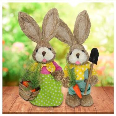 Imagem de Casal De Coelhos De Palha Páscoa Decoração Enfeite Coelhinhos 34cm