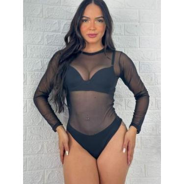 Imagem de Body transparente feminino tule liso manga longa - Poderosa Modas, Uni