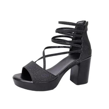 Imagem de Sandálias femininas de salto alto plataforma Peep Toe 8,5 cm salto casual verão sapatos PU superior, Preto, 36