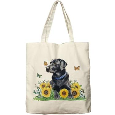 Imagem de Dlzdn Sacola preta Labrador com girassol, reutilizável, sacola de compras, bolsa de praia, presentes de férias para mulheres professoras