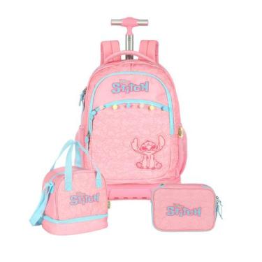 Imagem de Kit Mochila Stitch Rodinhas Lancheira E Estojo Box Escolar, Rosa