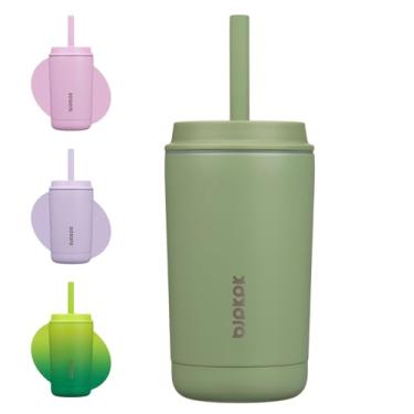 Imagem de BJPKPK Copo isolado com tampa e canudo, copo térmico de aço inoxidável de 350 ml, caneca de café de viagem à prova de derramamento, à prova de vazamento, lavável na lava-louças, mantém as bebidas