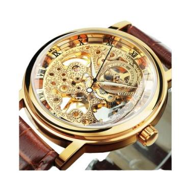 Imagem de Relógio Mecânico Esqueleto Dourado Masculino Com Pulseira De Couro Tra