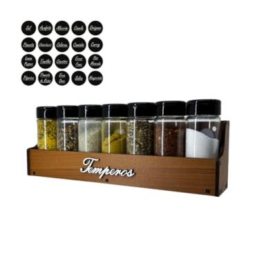 Imagem de Porta tempero organizador de cozinha com 7 potes transparentes e tampa giratória, etiquetas inclusas para condimentos secos e especiarias (Tabaco)
