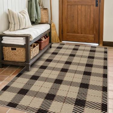 Imagem de Tapetes neutros de juta fáceis de 10 x 15 cm para entrada grande, tapete xadrez de búfalo para porta da frente, tapetes laváveis para área interna e externa, sala de estar pequena, decoração