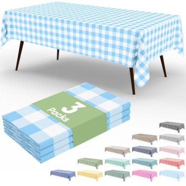 Imagem de misaya Pacote com 3 toalhas de mesa descartáveis de búfalo, 137 x 272 cm, toalha de mesa de plástico impermeável, retangular, azul bebê e branco, para piquenique, aniversário, festa