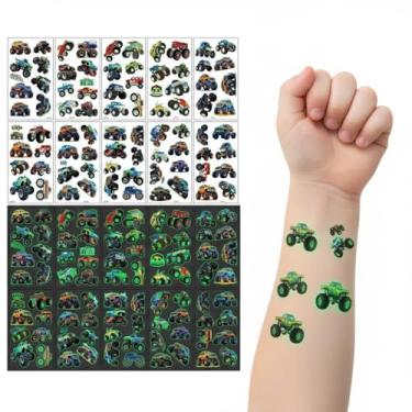Imagem de Tatuagens temporárias de caminhão monstro que brilham no escuro - conjunto de adesivos fofos de caminhão de desenho animado, para personalização de itens pessoais, decoração de casa, lembrancinhas de