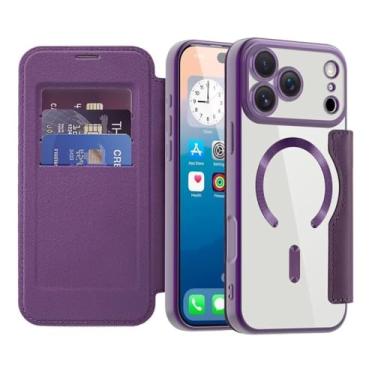 Imagem de Genérico Capa tipo carteira com tampa magnética para iPhone 17/17 Air/17 Pro/17 Pro MAX, capa de couro galvanizado com protetor de câmara, ranhuras para cartões finos e íman forte (roxo, 17)