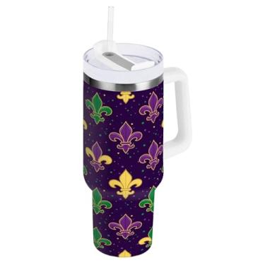 Imagem de Blueangle Copo isolado com motivo de carnaval de 1,134 g com alça e tampa de palha, caneca de viagem reutilizável de aço inoxidável (743)