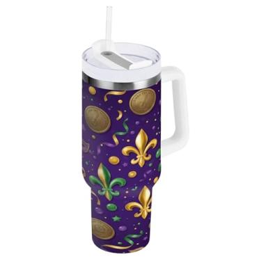 Imagem de Blueangle Copo isolado padrão Mardi Gras de 1,134 g com alça e tampa de palha, caneca de viagem reutilizável de aço inoxidável (755)
