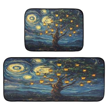 Imagem de xigua Conjunto de 2 peças de tapetes e tapetes de cozinha noturnos estrelados absorventes macios para o chão, tapete de cozinha, antiderrapante, conjunto de capachos, 50 x 120 cm + 50 x 70 cm