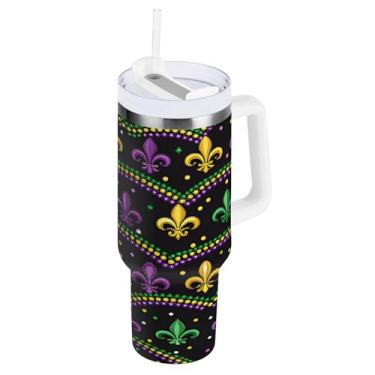 Imagem de Blueangle Copo isolado carnaval carnaval 1,134 g com alça e tampa de palha, caneca de viagem reutilizável de aço inoxidável (860)