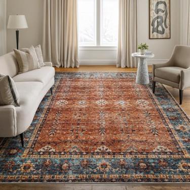 Imagem de Bloom Rugs Tapete lavável antiderrapante 1,8 m x 2,5 m - Laranja/azul-petróleo, tapete de área com bordas tradicionais para sala de estar, quarto, sala de jantar e cozinha - Tamanho exato: 1,8 x 2,5 m