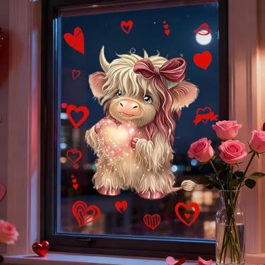 Imagem de Adesivos de janela de dia dos namorados adesivos de vidro dupla face com design de gado das terras altas, adesivos de vidro dupla face para casamento, aniversário, casa, festa, sala de aula, festa