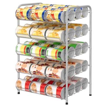 Imagem de smusei A prateleira organizadora de lata de 5 camadas comporta até 60 latas de porta-latas para despensa com 2 tiras de desvio de metal para alimentos enlatados e bebidas de cozinha, prata