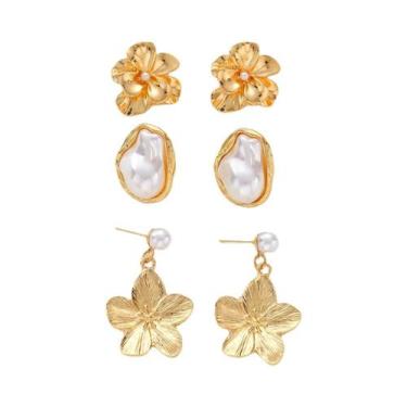 Imagem de Conjunto De Brincos De Pérola Vintage Com Flores Banhados a Ouro Para 