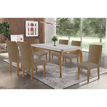 Imagem de Conjunto Sala de Jantar Londrina c/ Tampo Madeirado c/ Vidro Canto Curvo 180x90cm e 6 Cadeiras Dakota Madeira Maciça Naturale/Off White - Capuccino/Li