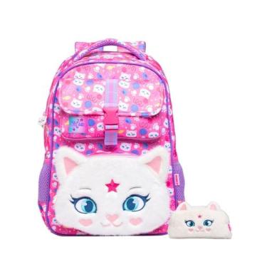 Imagem de Kit Escolar Gatinha Mia Mochila Rodas + Estojo Pelúcia Luxo - Xeryus