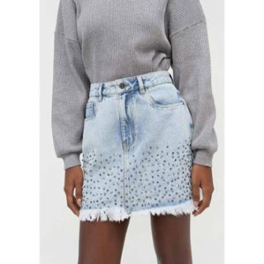 Imagem de Saia Jeans Curta Cintura Alta com Bordado-Feminino