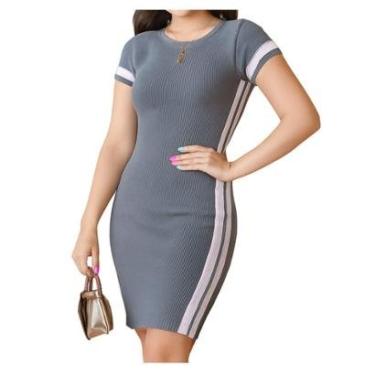 Imagem de Vestido Feminino FMF de Tricô com Listras Brancas Manguinha-Feminino