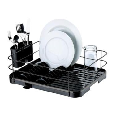 Imagem de Escorredor De Louças 12 Pratos Preto Aço Cromado Bandeja de Escoamento