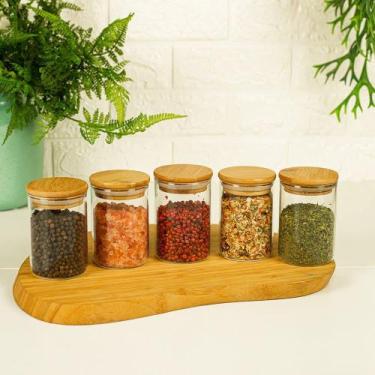 Imagem de JOGO DE 5 POTES 200ml HERMÉTICOS DE VIDRO TAMPA DE BAMBU - Casa Linda