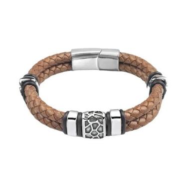 Imagem de Pulseira Masculina De Couro Trançado Marrom Com Aço Inoxidável 316L E 