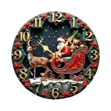 Imagem de Relógio De Parede Silencioso De Madeira Com Design De Papai Noel E Ren
