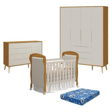 Imagem de Quarto de Bebê 4 Portas com Cômoda com Porta Elfe Retrô e Berço Americ