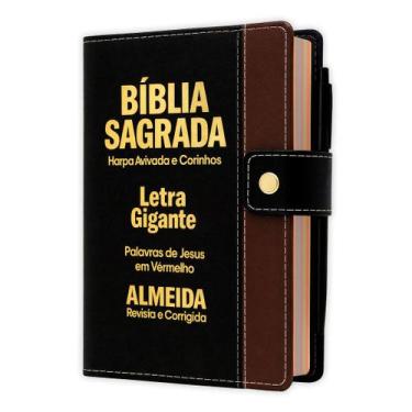 Imagem de Bíblia Sagrada Letra Gigante - Preto C/ Marrom - Botão e Caneta Revist