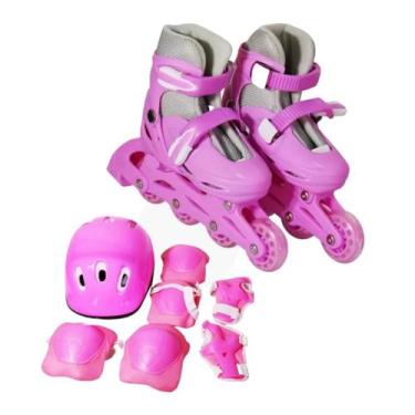Imagem de Patins 4 rodas inline rosa com kit protecao tamanho 31/34 - Importway