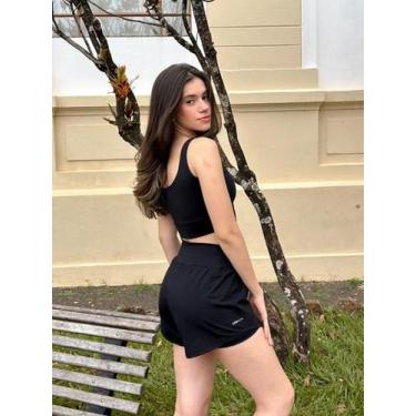 Imagem de Shorts Duplo Slim Corrida Poliamida Proteção Solar Feminino Preto - Le