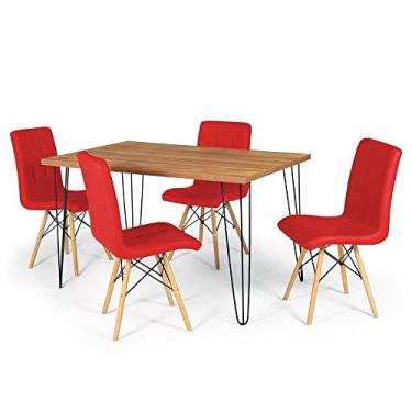 Imagem de Conjunto Mesa de Jantar Hairpin 130x80 Natural com 4 Cadeiras Eiffel Gomos - Vermelho