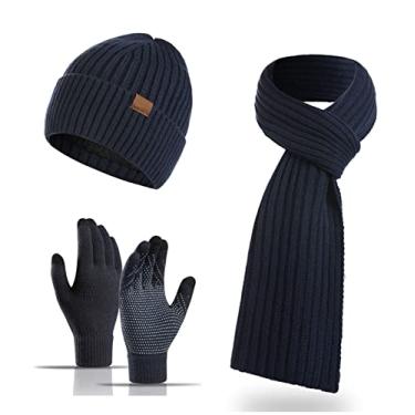 Imagem de Insun Conjunto masculino de cachecol e luvas de malha 3 em 1 cachecol térmico de inverno forrado com lã gorro luvas para tela sensível ao toque, Azul marino