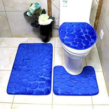 Imagem de Conjunto de 3 tapetes de banho macios antiderrapantes 2 peças tapete de paralelepípedos tapete de banheiro absorvente tapetes de banho tampa de vaso sanitário piso, azul escuro, 3 peças