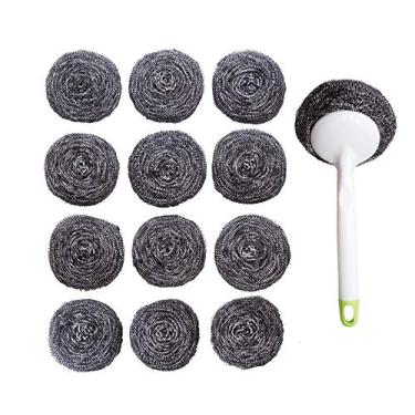 Imagem de Conjunto de esponja de aço inoxidável com alça de 40 gramas - pacote com 12 - esfregões grandes de aço inoxidável - almofadas de limpeza de metal - panela de aço inoxidável, panela, limpador de ferro