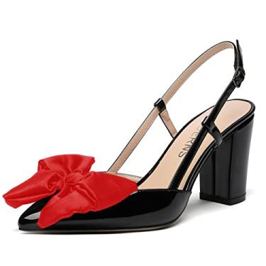 Imagem de WAYDERNS Vestido feminino nupcial fivela bico fino laço patente Slingback tornozelo tira bloco sólido salto alto grosso salto alto sapatos 9,5 cm, Vermelho e preto, 13