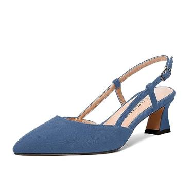 Imagem de WAYDERNS Sapato feminino fino com fivela de camurça bico fino e formal, gatinho, salto baixo, 5 cm, Azul-escuro, 10.5