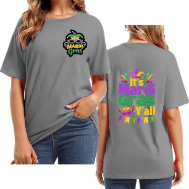 Imagem de UIFLQXX Camiseta feminina It's Mardi Yall com estampa de letras, gola redonda, manga curta, plus size, roupa casual para festa de carnaval, Cinza, XXG