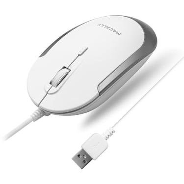 Imagem de Mouse USB Macally Silent com fio para Apple Mac ou Windows PC laptop/computador desktop, White with Silver Trim